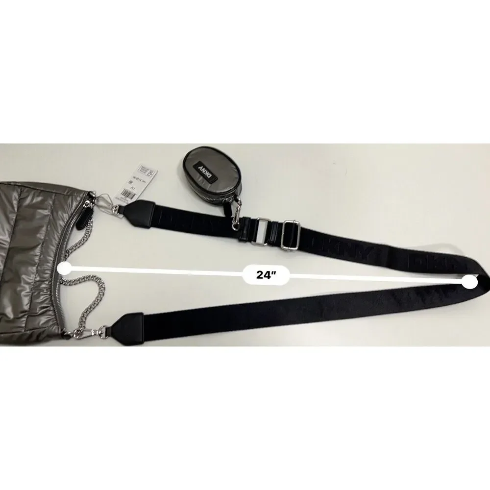 NWT DKNY Metallic Gray Cairo MD Pouchette Quilted Crossbody Bag